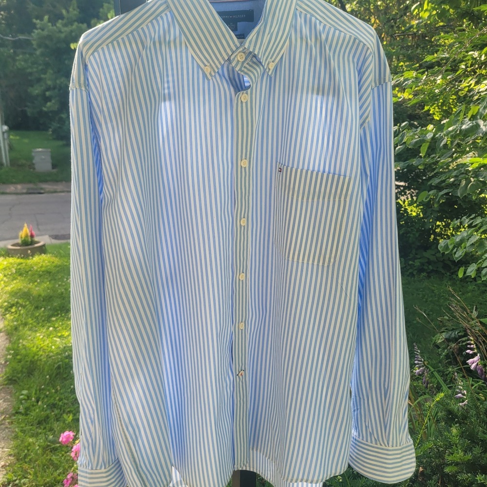 Tommy Hilfiger Men XL Embroidered Flag Blue Stripe Button Down Shirt Coastal Y2K